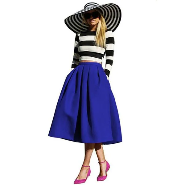 New Female Fashion Street Style Women's Skirt Solid Casual Flare High Waist Pleated Pockets Vintage Skirts