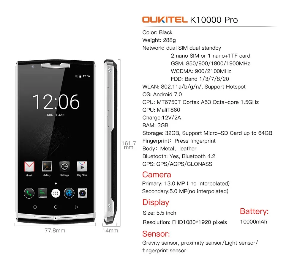 OUKITEL K10000 Pro 5,5 дюймов 4G Phablet Android 7,0 смартфон 10000 мАч 3 ГБ+ 32 ГБ S.14