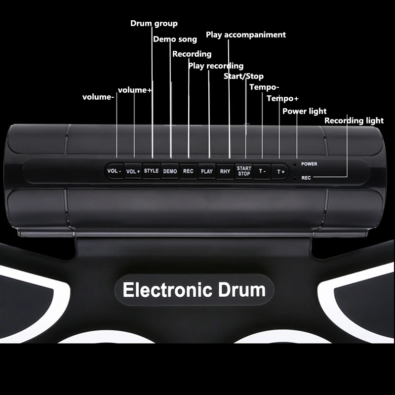  Portable Roll Up Electronic Drum Set 9 Silicon Pads Built-in Speakers with Drumsticks Foot Pedals S