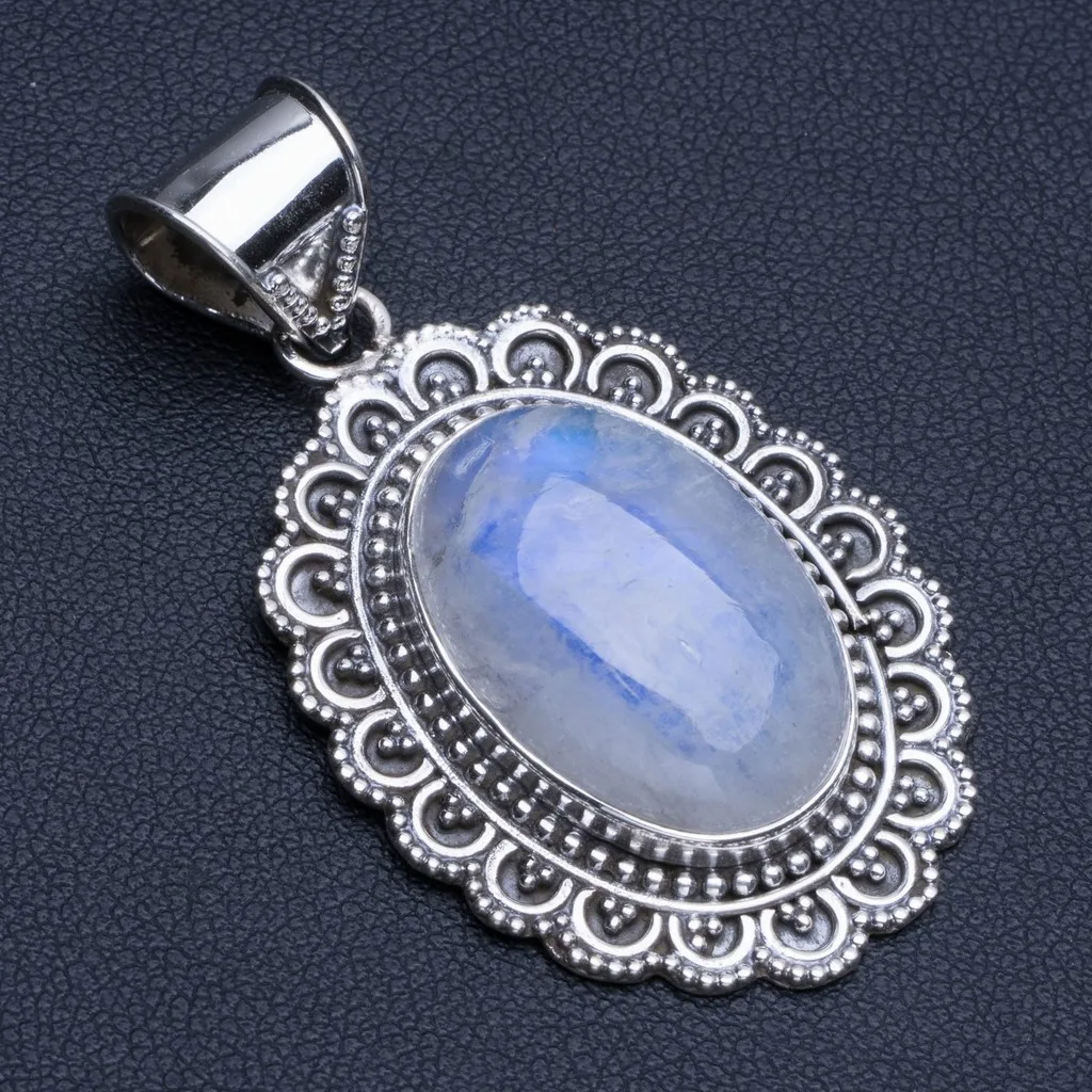 

Natural Rainbow Moonstone Boho Style 925 Sterling Silver Pendant 2" R0841