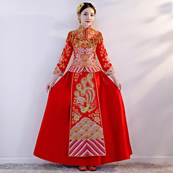 

Oriental Asian Bride beauty Chinese traditional Wedding Dress Women Red Floral Embroidery Cheongsam Robe Long Party Qipao style