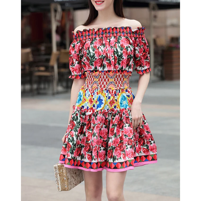 

Newest Fashion Summer 2019 Designer Runway Dress Women's Short Sleeve Slash Neck Off The Shoulder Gorgeous Floral Printed Dress