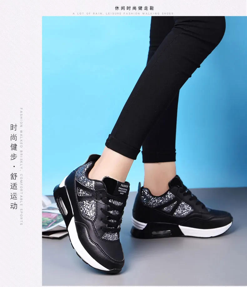 Всесезонные Для женщин пайетки Высота Увеличение воздушной кроссовки на подушке открытый Bling спортивная обувь нескользящие дышащие кроссовки Размер 35–40