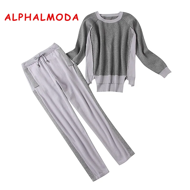

ALPHALMODA Winter Sports Suits Women 2018 Knitted Loose Sweater Pants Two Piece Set Hit Color Casual Transuits for Women