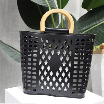 

SUNNY BEACH Women Bag Hollow Out Bag Shoulder Bag Female Handbag Crossbody Lady Bolsas pu Leather Bag Wood Handle Totes Purse