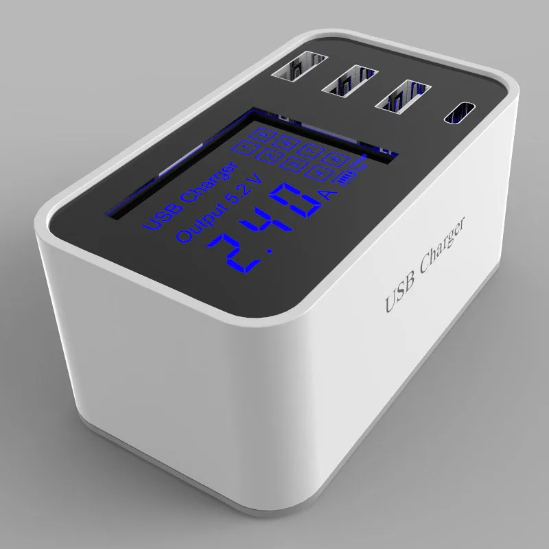 

New Type-C/ 4 Port USB Hub Desktop Wall Charger Smart LCD Display Charging Station DOM668