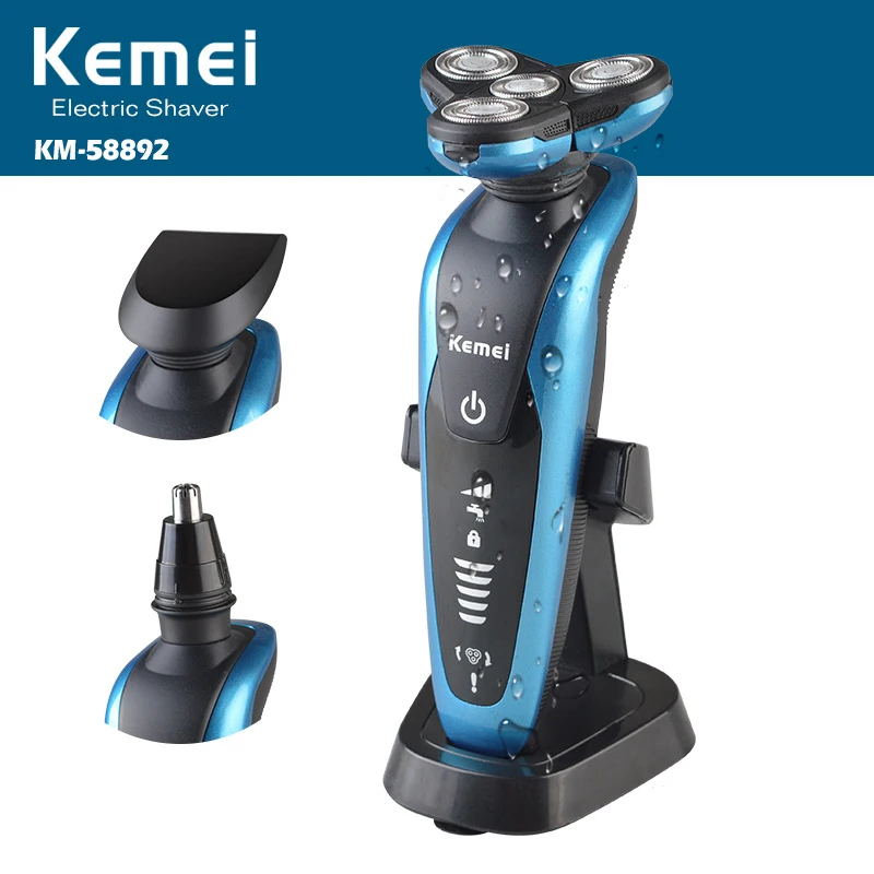 

Kemei Rechargeable 3 In 1 Electric Shaver Four Blade Electronic Shaving Razor Men's Face Care 4D Floating Shaver KM-58892