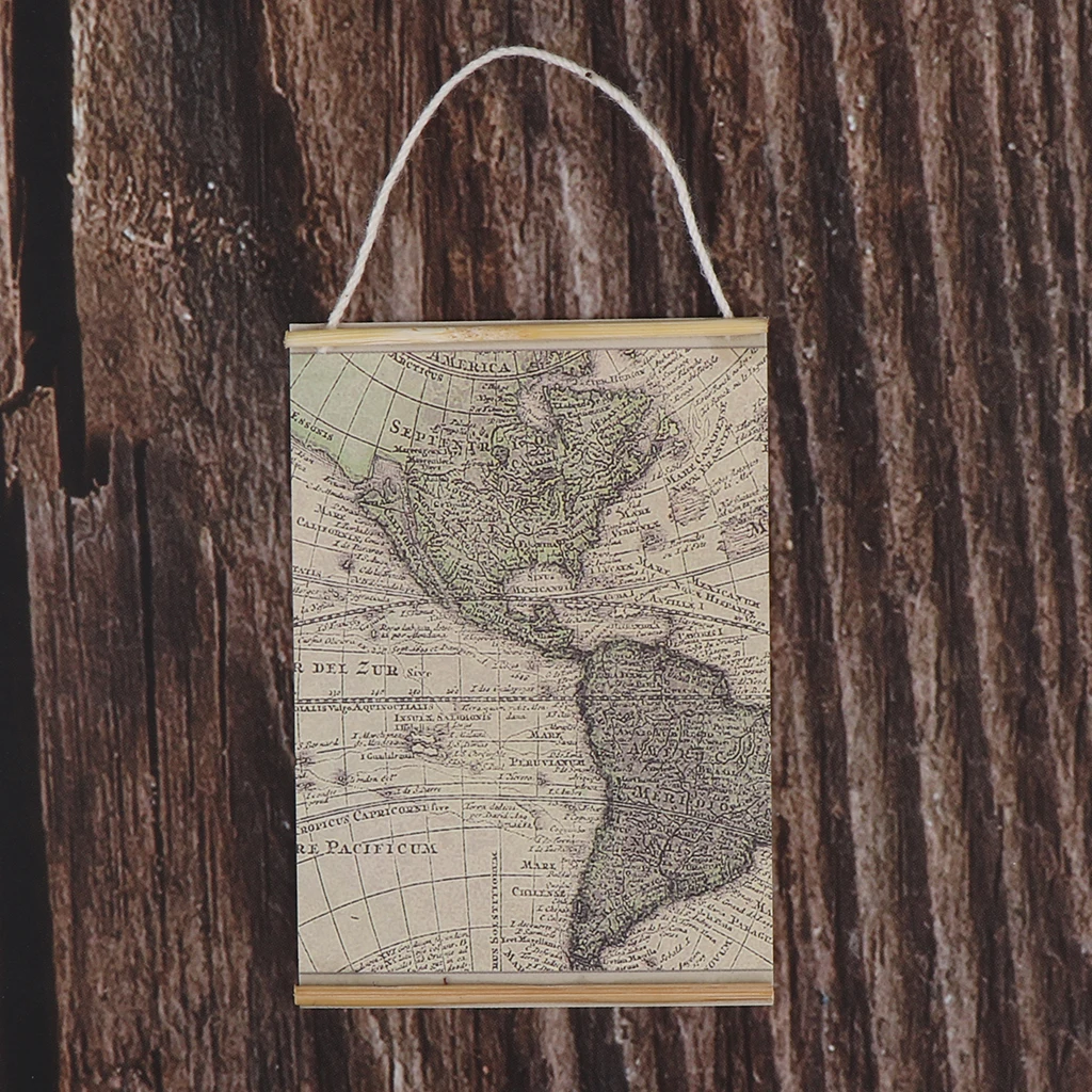 Miniature Vintage Mini Map of the Americas for 1/6 1/12 Scale Dollhouse Room Wall Ornament Dollhouse Accessories