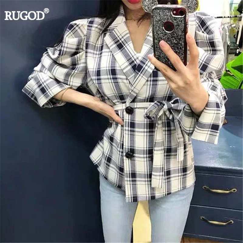 

RUGOD Elegant Women Blazer Fashion Plaid Belted Double Breasted Blaser Jacket 2019 Summer Office Lady Puff Sleeve Jacket Coat
