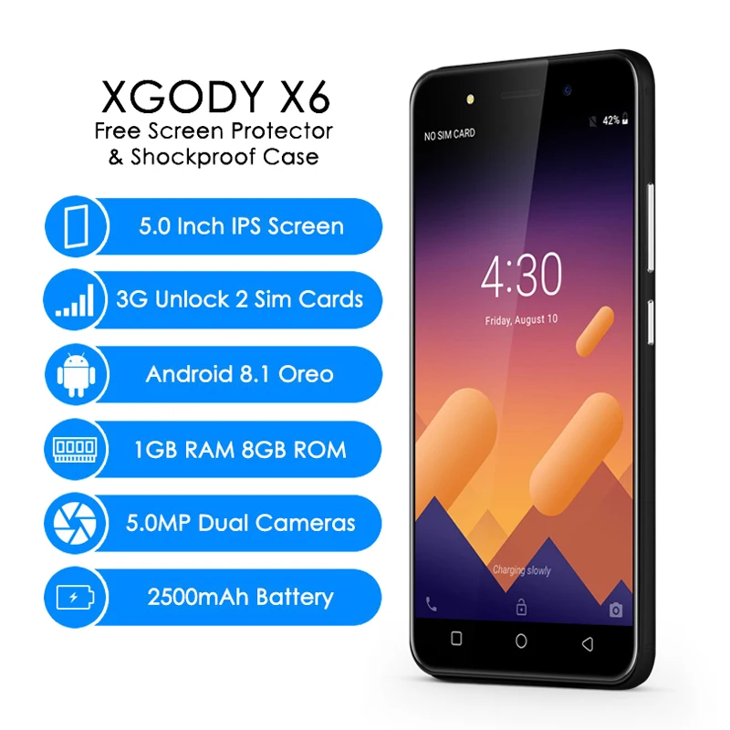 XGODY 3G desbloqueado teléfono inteligente 5,0 pulgadas Celular Android 8,1 Oreo teléfono móvil MT6580M Quad Core 1 GB + 8 GB 2500 mAh 5.0MP teléfono móvil X6