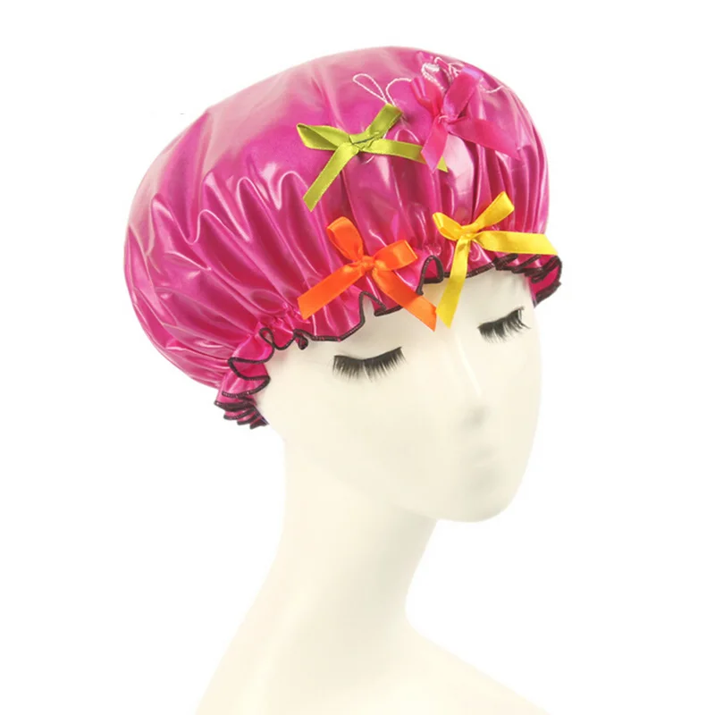 High Quality Women Waterproof Shower Cap Elastic Band Bowknot Hat Hair