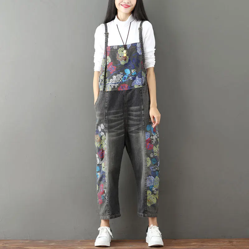 

2018 Women Vintage Washed flowers Printed Denim Wide Leg Jeans Overalls Loose Bule Plus Size Rompers Ladies Long Pants Jumsuits