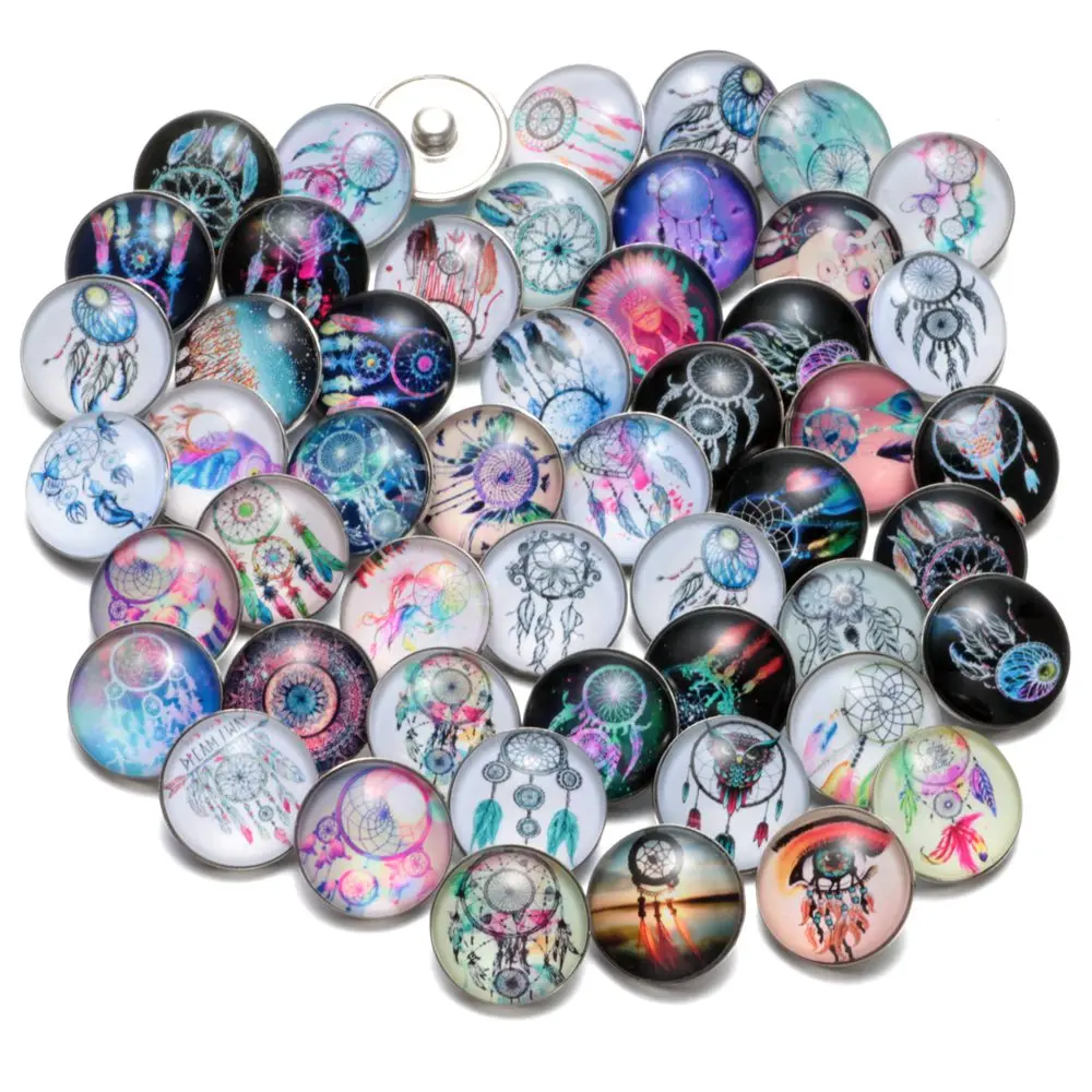 KZHM030 50pcs/Lot Mixed Silent Village Pattern Glass Charms 18mm Snap Button Jewelry For 18mm Snaps Bracelet Snap Jewelry KZHM032 - Окраска металла: KZHM030