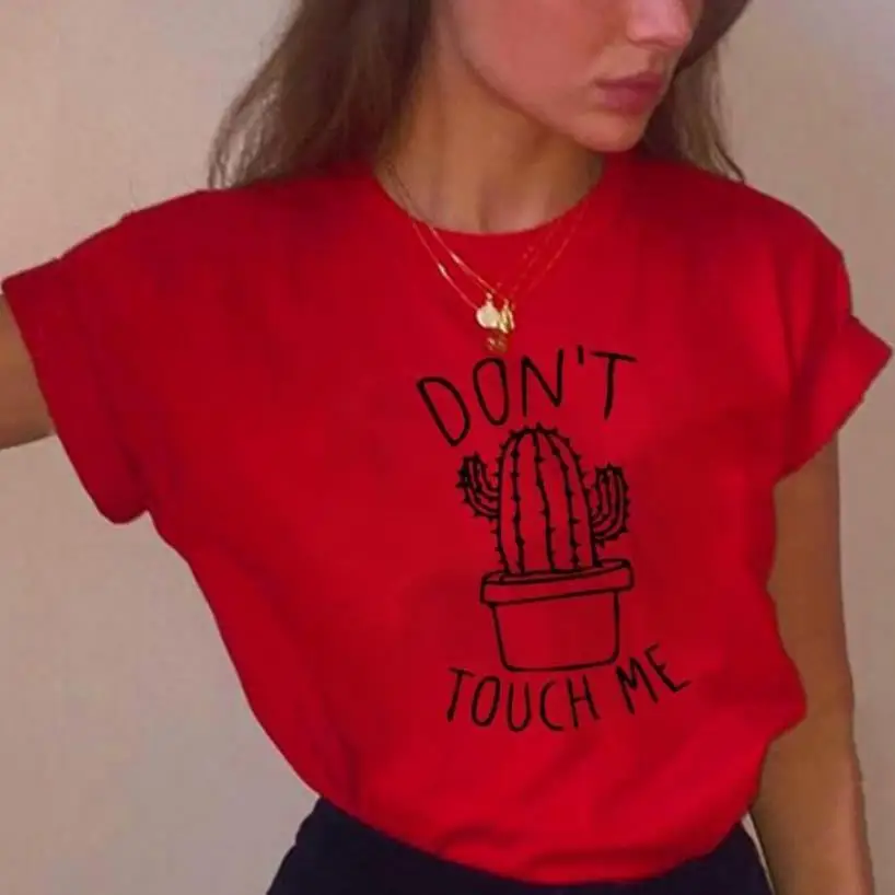 Футболка с принтом "Don TOUCH ME" и надписью "кактус", Женская свободная футболка с коротким рукавом и круглым вырезом, лето, женская футболка, топы