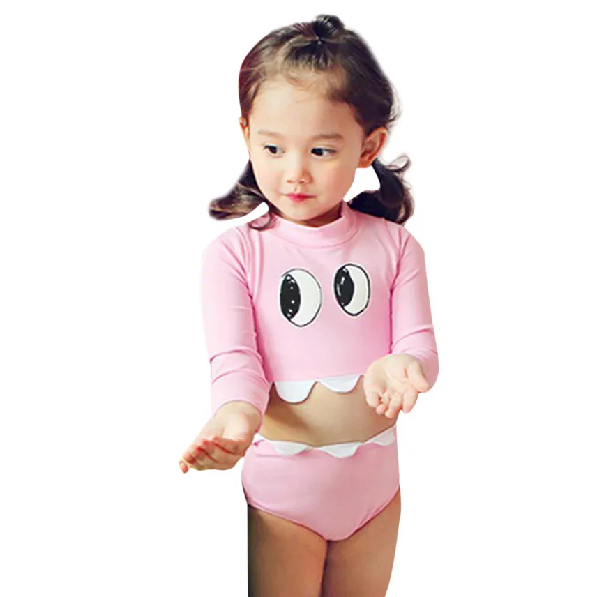 YANGMAILE/пляжные купальники с длинными рукавами для маленьких девочек с рисунком из мультфильма, комплект купальников, biquinis feminino, лет - Цвет: Pink 4-5 Yeras