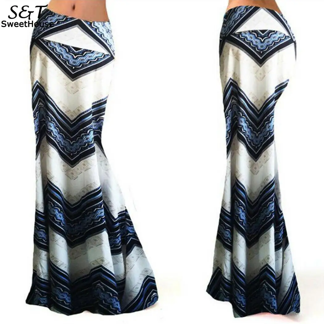 

Women Casual Elastic Waist Print Slim Blue,Orange Summer Mid Full Length Skirt Pencil Skirt