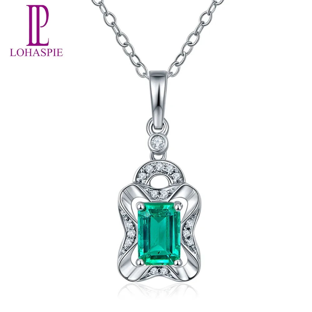 Lohaspie Solid 18K White Gold 0.58ct Natural Emerald & Single Cut SI1 Diamonds Pendant & Necklace For Women Fine Diamond-Jewelry