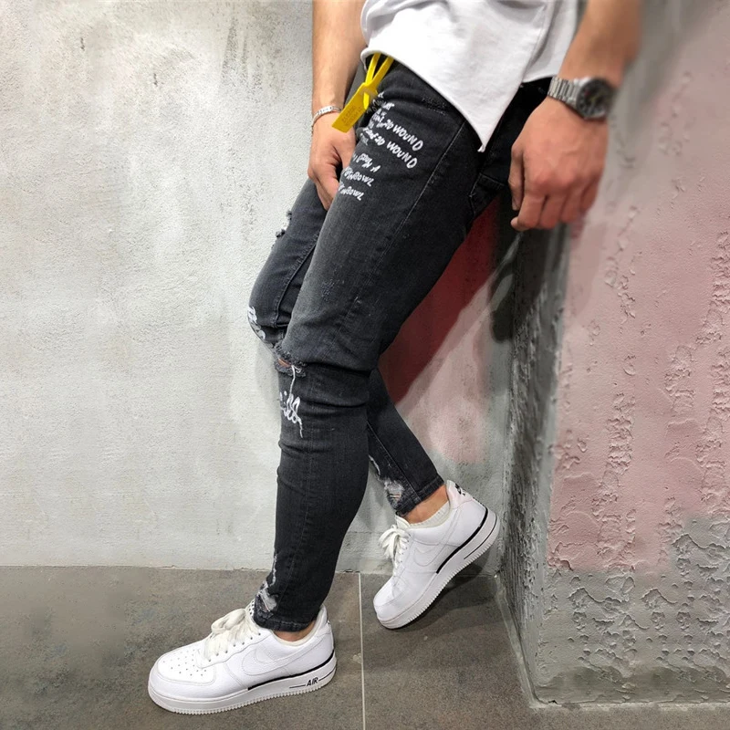 

Men's New Stretchy Ripped Skinny Jeans Destroyed Denim Pants 2019 Mens Casual Elastic Waist Pencil Pants