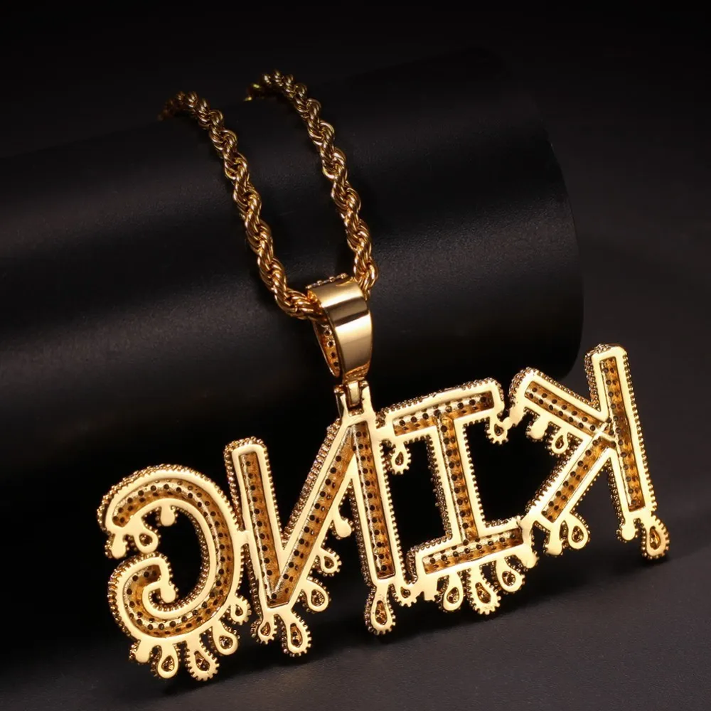 Uwin Custom Words Name Pendants Dripping Bubble Initial Letters With 4mm CZ Tennis Chain Pendant Full Gold Color Iced Jewelry