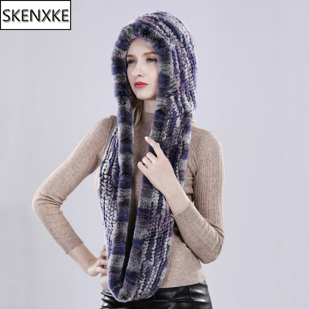

Hot Sale Winter Women Real Fur Hat Scarves Female Knitted Natural Rex Rabbit Fur Hooded Scarves Warm Knit Genuine Fur Caps Scarf