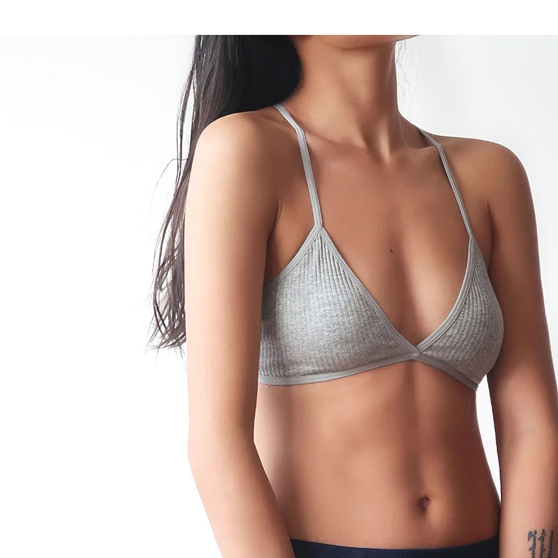 De Monarchia Teenage Girls Ribbed Plunge Bra Wireless Triangle Crisscross Back V Neck Bra Comfort Stretch Young Lady's Bralette