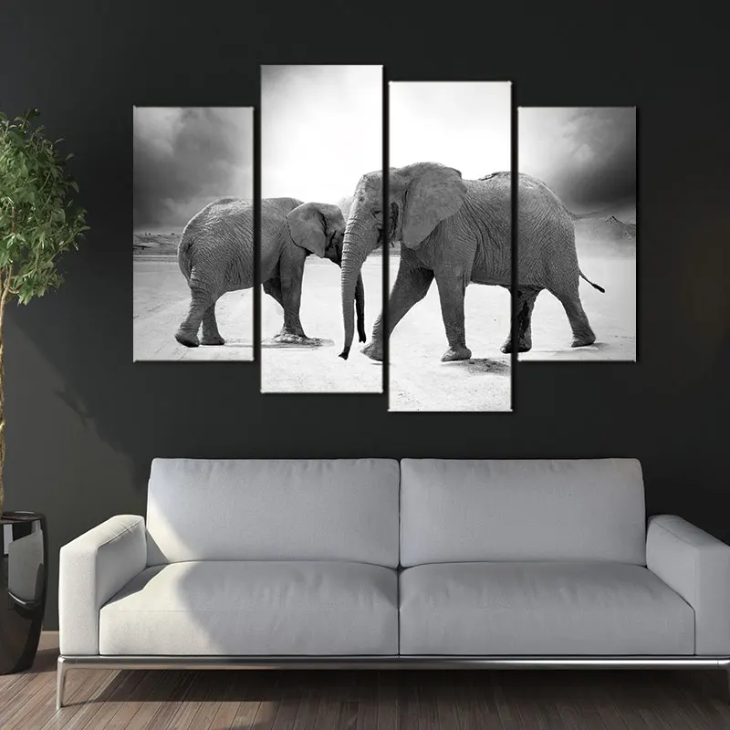 4 panel large HD Printed canvas painting elephants wall art print