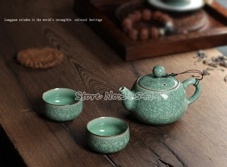WIZAMONY набор из 3 предметов, высококачественный китайский чайный сервиз Longquan Celadon Di Kiln ручной работы, Подарочная посылка, фарфоровый чайный сервиз для кунг-фу