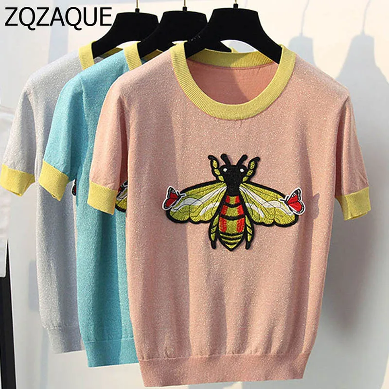 

2019 Summer Fall Knitted T-shirts Women Lurex Embroidery Tshirts Bee Pattern Short Sleeve O Neck Knit Tops Ice Silk Cool T Shirt