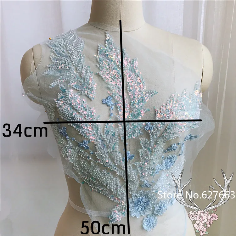 3D Blue Pink Beading lace embroidered patch applique for wedding evening dress sewing patches fashion clothing accessories