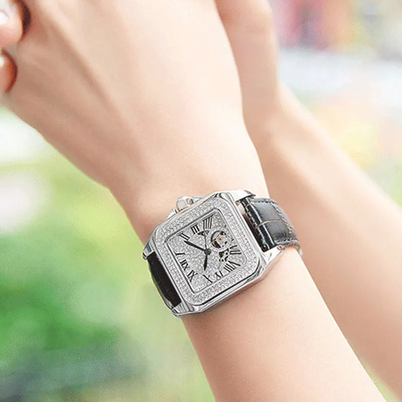 FUYIJIA новые модные квадратные автоматические механические часы женские часы полая Роза Золотые часы Полный алмаз женские часы