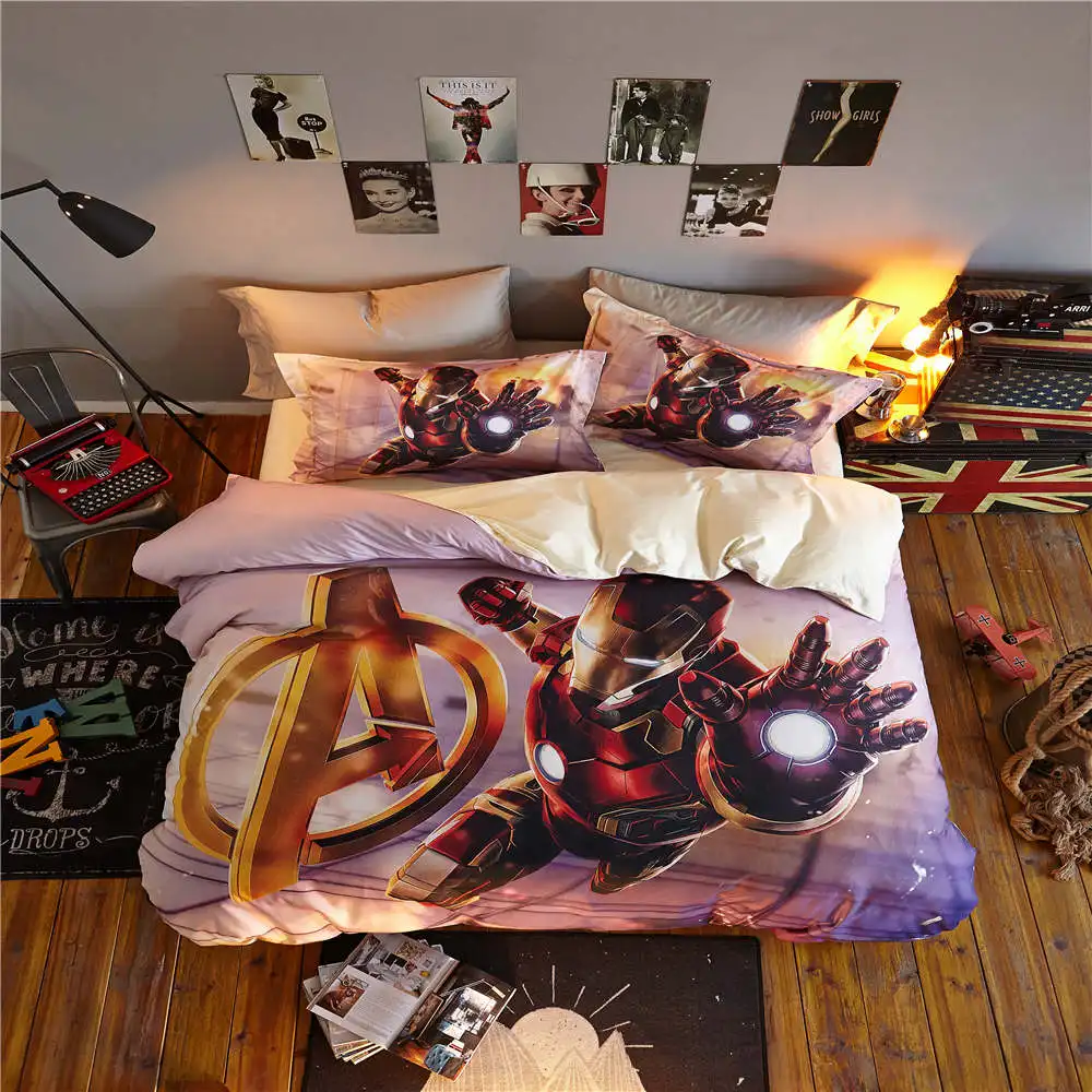 

disney bed linen cartoon home textile teen egyptian cotton bed sets 4pc queen size 3D marvel iron man comforter cover sets boys