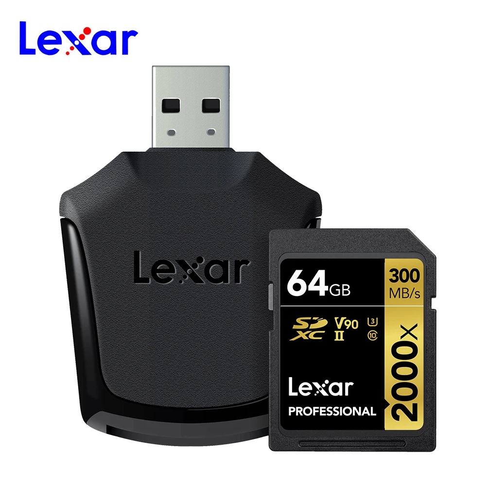 Дешевый Оригинальный Lexar SD128G 2000X SD UHS II 300 МБ с. с. Высокая скорость карты памяти 32 Гб 64 Гб SLR камера 4 к карта памяти с кардридером
