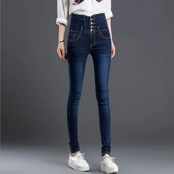 

2017 Women Spring Jeans Pants Slim High Waist Slim Pencil Cowboy Pants For Female Blue 26-31 High Quaity