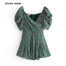 Милая ромашка с цветочным принтом, короткий комбинезон с пышными рукавами, праздничный женский винтажный короткий комбинезон с перекрестным v-образным вырезом, комбинезон на бретельках