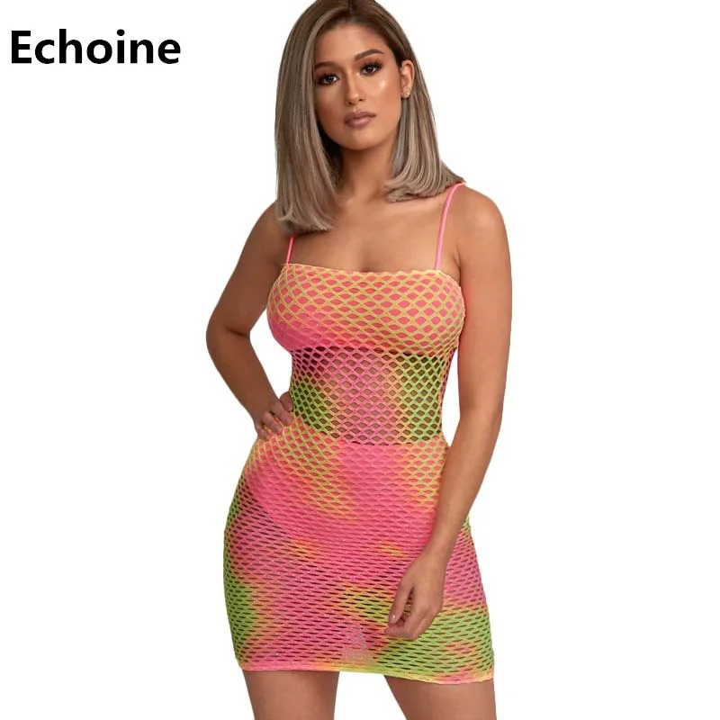 

Woman Summer Mini Dress Sexy Hollow Out Sheer Mesh Club wear Dress Slim Bodycon Spaghetti Strap Dress Elegant Party Vestidos