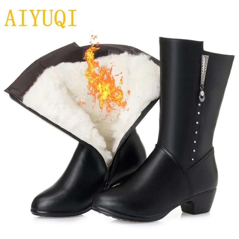 

AIYUQI Women's winter boots 2019 new genuine leather women's motorcycle boots, big size 41 42 43 trend thicken women wool boots