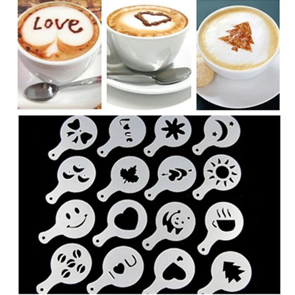 16pcs new Plastic Garland Mold Fancy Coffee Printing Model mould Thick Cafe Foam Spray Template Barista Stencils decoration tool