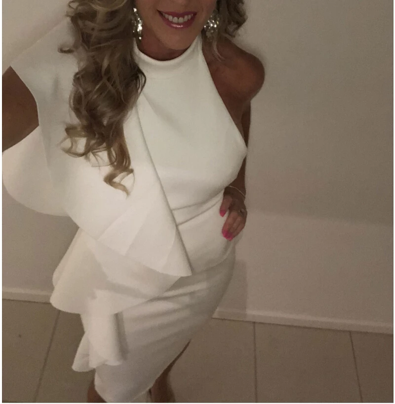 

Women Summer White Dress Sleeveless Cascading Ruffle Evening Party Pencil Dresses Vintage Lady Halter Sundress