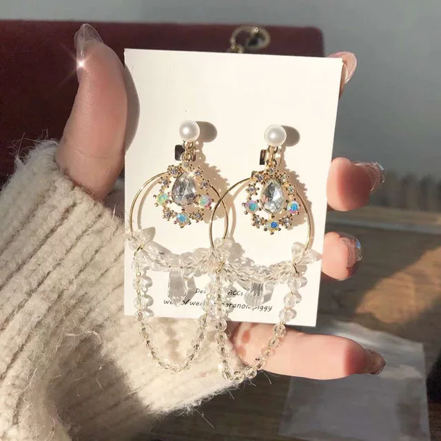2019 Vintage Shiny Crystal Circle Drop Earrings For Women Water Pearl Tassel Elegant Pendientes Jewelry Gifts | Украшения и