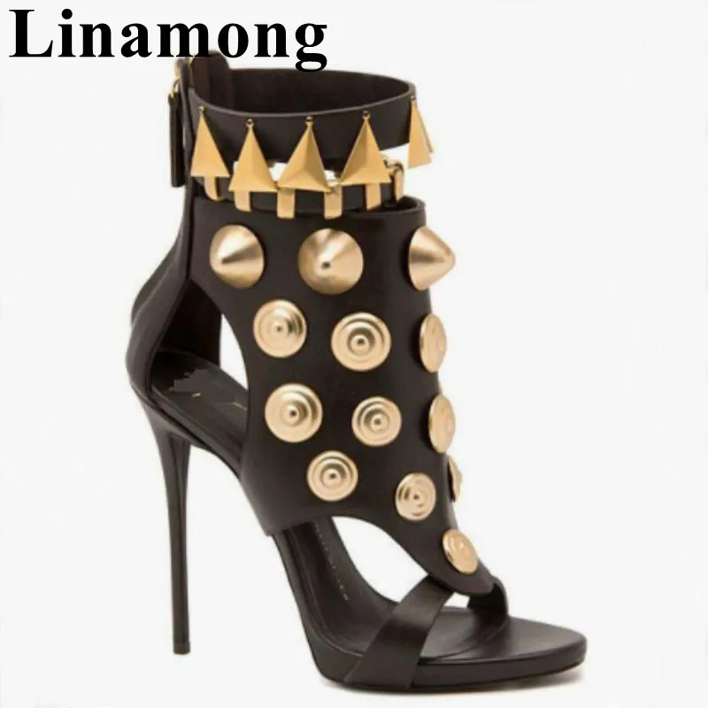 

Black Rivet Decoration Sexy Thin High Heel And Open Toe Summer Fashion Cover Heel Rear Zipper Women Sandals Ankle Shoes