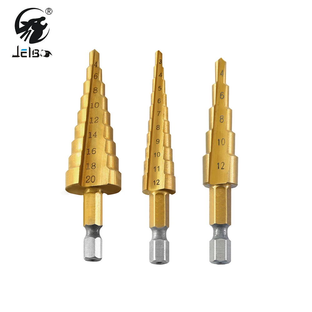 JelBo 3Pcs/Set HSS Step Drill Bits, 3-12/4-12/4-20mm Hex Shaft Drive Quick Change Titanium Metal Drill Bit Tools Kit