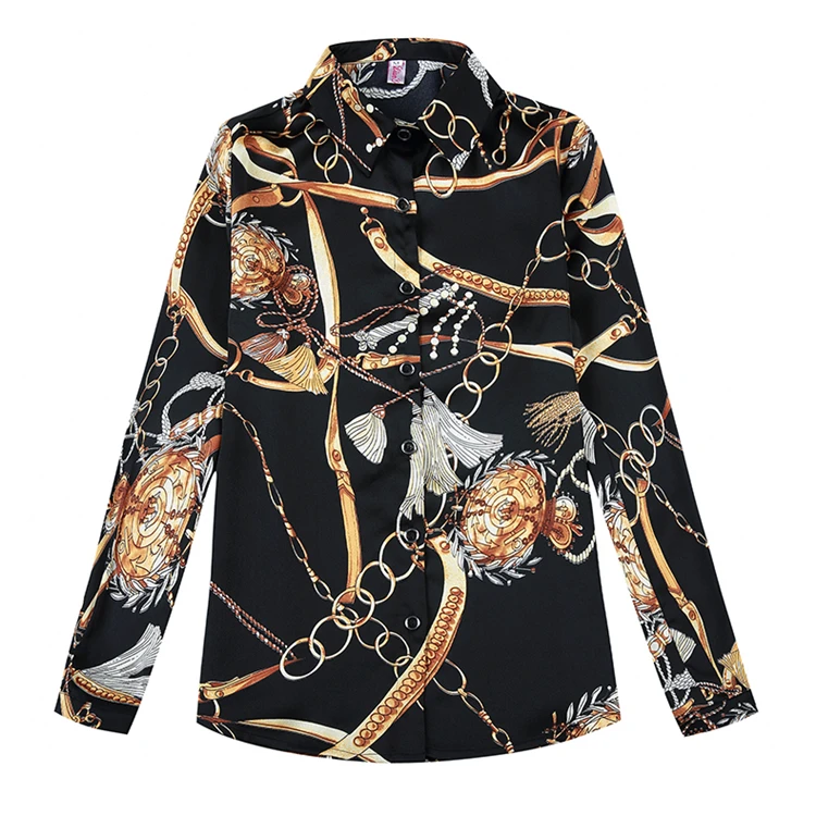  2020 Spring Long Sleeve Turn Down Collar Print Satin Shirts Women European Chain Print Satin Blouse