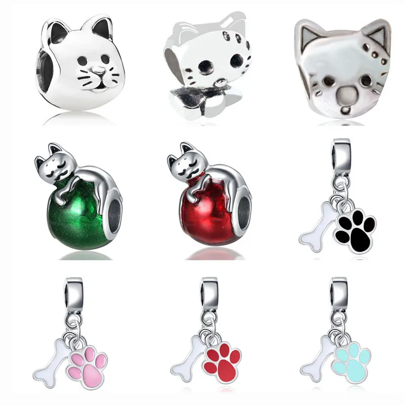 

2019 new 1pc european cute red green cat white pink dow paw diy bead Fit Pandora Charms silver Bracelet original for women F131