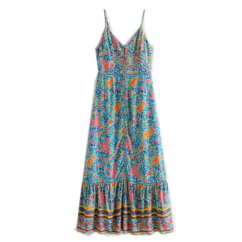 2019 Bohemian Green Floral print Sling Swing Dress Holiday Woman V neck Single-breasted Button Maxi Long Dresses