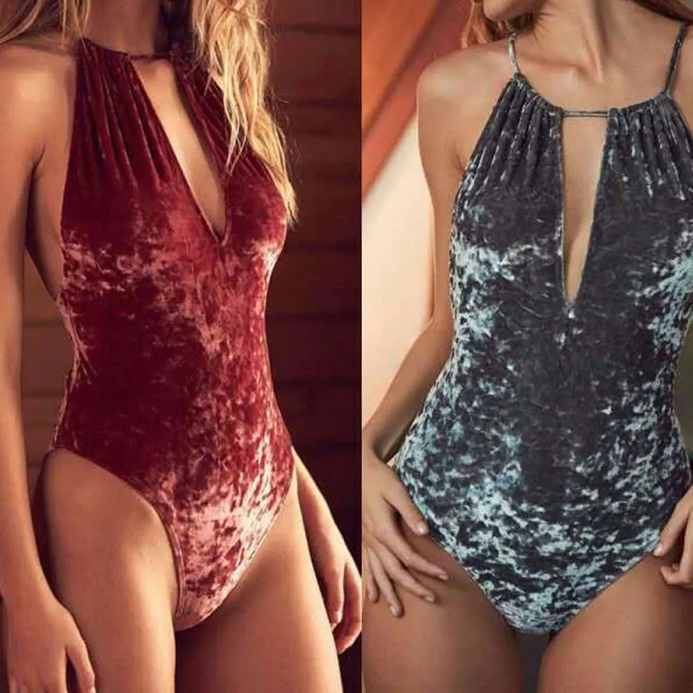2019 New Summer Halter Sexy Cut Out Velvet One Piece Swimsuit Women Beach Wear Bathing Suit