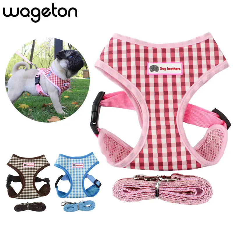 Plaid Dog Harness and Leash Set Wageton Breathable Pet Vest Leads Chest