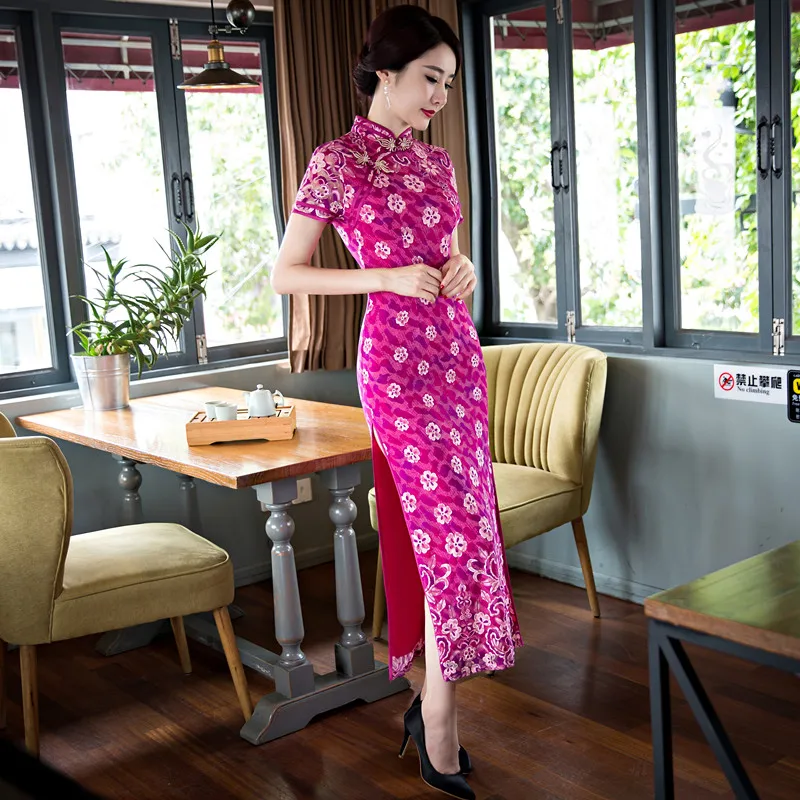 Feng Mei шелковое 2016 летнее Новое кружевное платье с коротким рукавом cheongsam