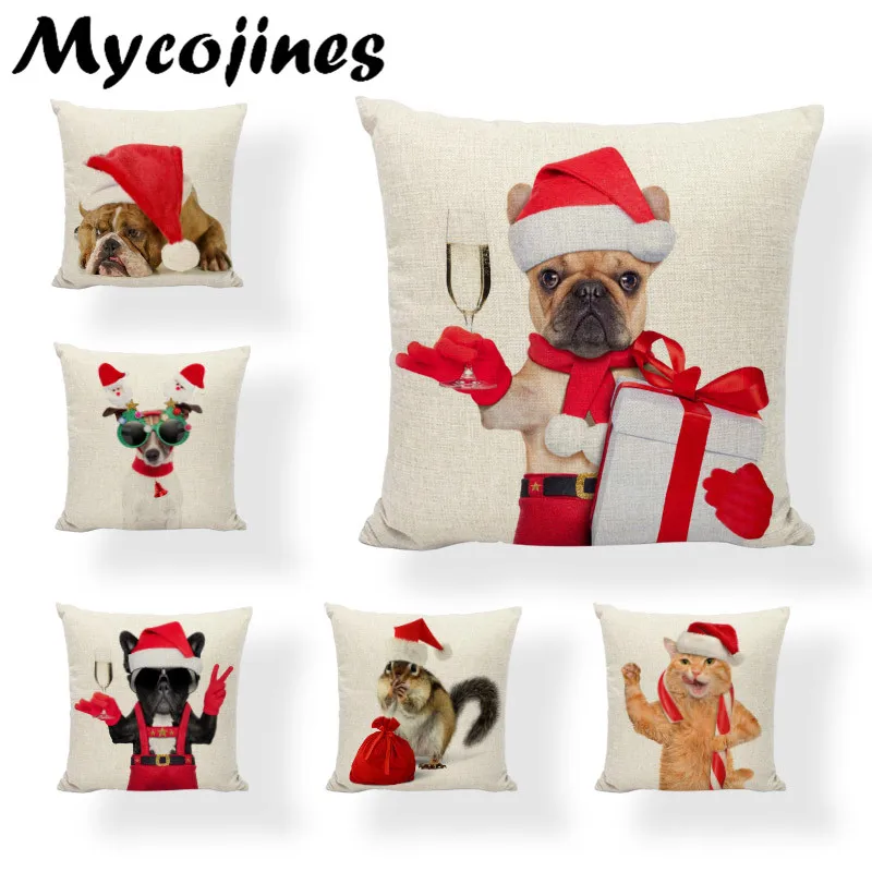 

Hot Sale Cushion Cover Christmas Decorative Pillows Cat Dog Maltese Dog French Bulldog Pillow Cover Home Bedroom Sofa Pillowcase