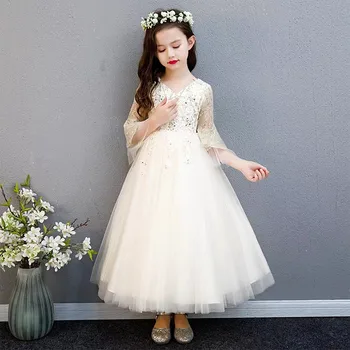 

2019Spring Summer Elegant Children Girls Gorgeous V-Collar Champagne Birthday Wedding Party Dress Kids Toddler Costume Dress