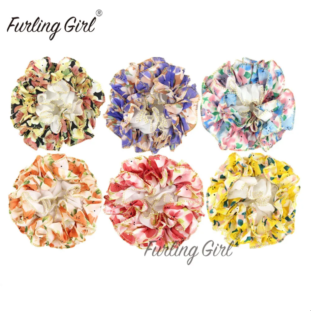 

Furling Girl Fashion Chiffon Hair Scrunchies Golden Trim Floral Printing Hairbands Quality Gum Hair Accessories for Women